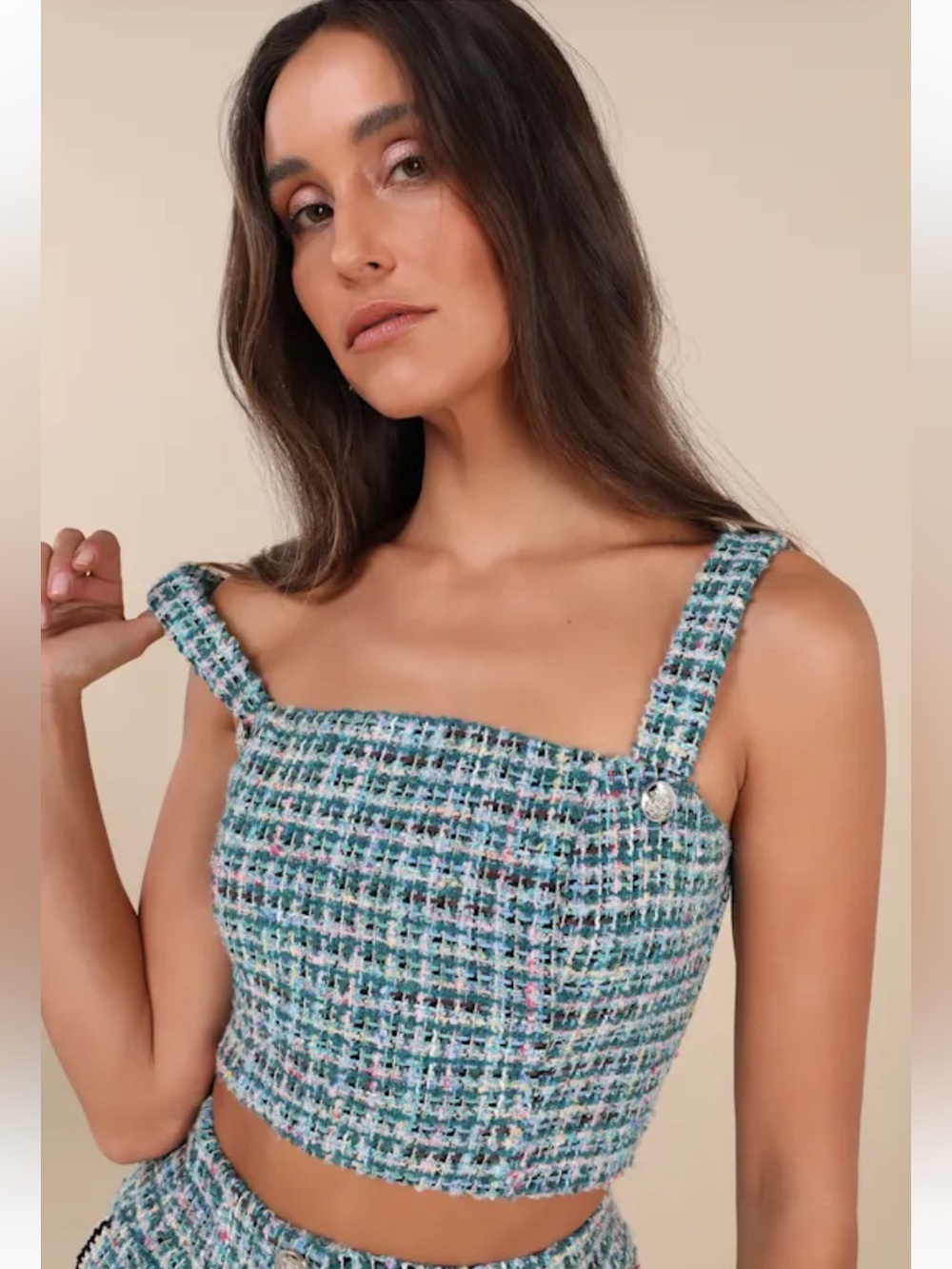 Lulu's Tweed Crop Top with Button Strap NWOT